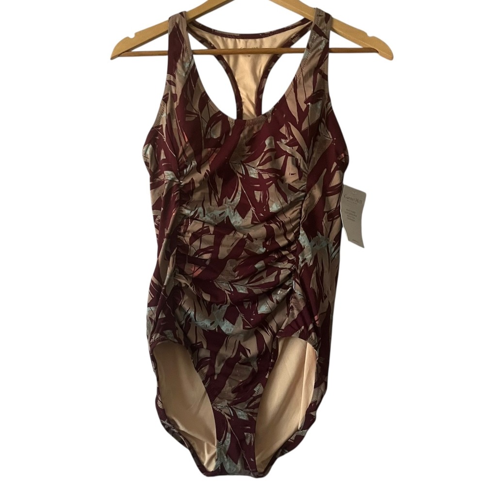 Garnet Hill Maroon Leaf-Print Racerback One-Piece